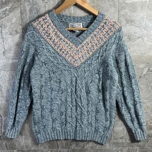 Vintage Gina Peters thick blue cable knit V neck sweater Size S #knitwear